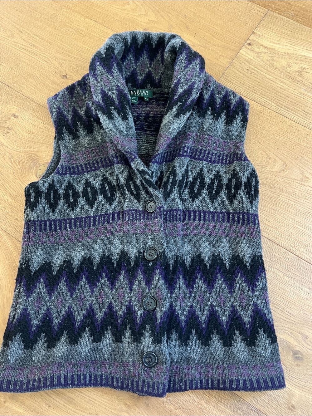 Lauren Ralph Lauren Gray & Purple Aztec print Shawl Collar Button Vest